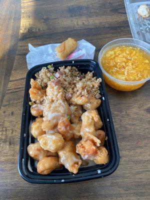 Honey garlic chicken, spring roll, egg drop soup