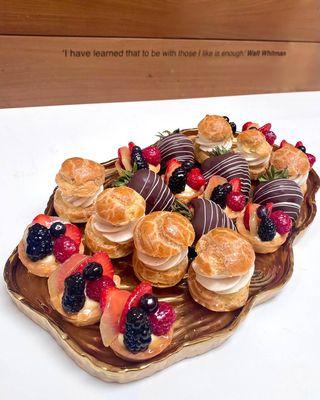 Mini Pastries: berry tart, crème choux, strawberry in chocolate