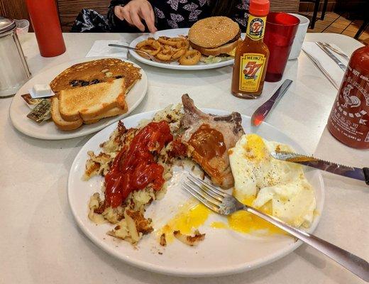 Porkchops, pancake, onion rings