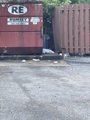 Trash all around the dumpster. In the parking lot.