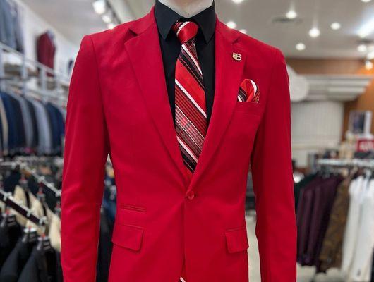 Red stretch fabric suits designed in Italy