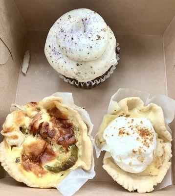 Double chocolate lavender latte cupcake, jalapeño pepper mini quiche, brown butter pineapple cream mini pie.