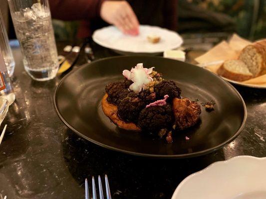 Fried Cauliflower w/ Romesco, Castelvetrano Olive,  and Calabrian Infused Honey