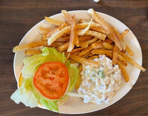 Chicken salad sandwich and hand cut fries