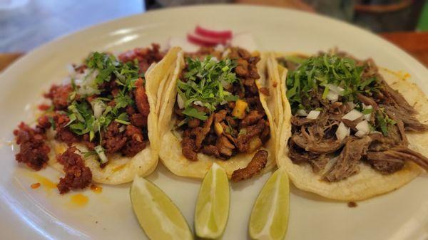 3 tacos: Chorizo, al pastor and barbacoa