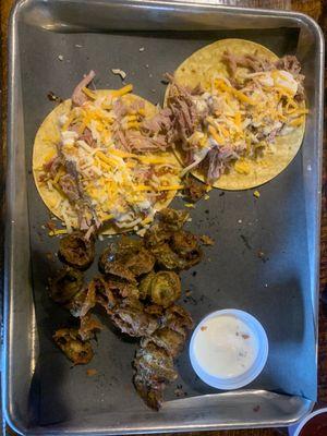 Pulled pork tacos and fried jalapeño bottle caps!!!!!!!