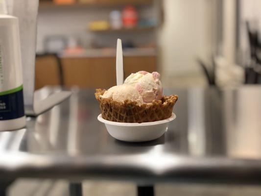 The Trio waffle bowl: 1 scoop each of Orange Blossom Chiffon, Raspberry Rose Jelly Donut and White Chocolate Peppermint.