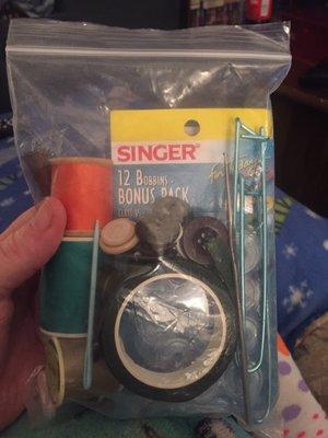 A good sized Ziplock bag for $3, with at least $20 worth of sewing products in it.