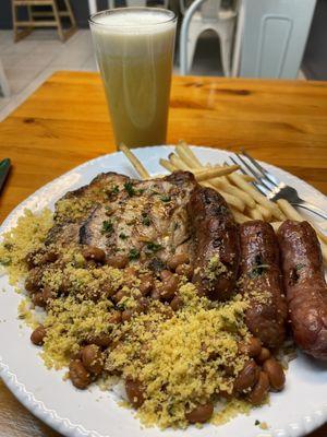 Linguiça, steak, rice and beans, farofa and fries