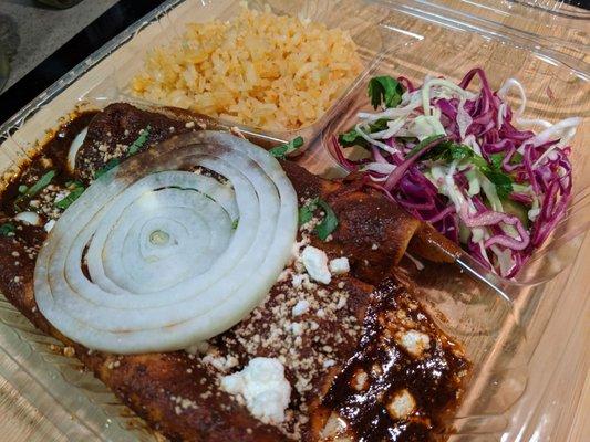 Cheese enchiladas with mole sauce, delivered by GrubHub