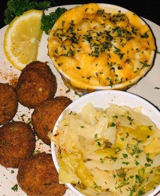 Crab Balls with a side of Mac N Cheese and Cabbage.