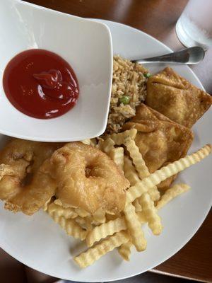 Kid's Meal: You can choose any five items from a list. This one had fries, fried rice,shrimp tempura, crab rangoon, and wonton strips.