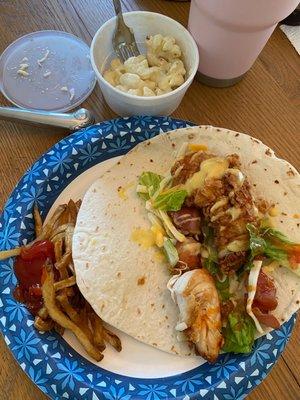 Cookshak fried chicken tender strips; added to my own wrap, veggies, cheeses, and sauces. Cookshak fries and mac.