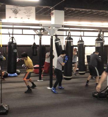 Boxing class in session. Warming up on the bags