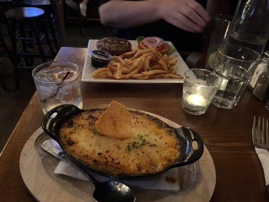 Shepard's pie, a cocktail, and a burger (without bun by request)