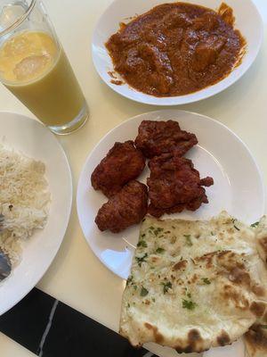 3. Fish Pakora (6 Pcs) & 2. Butter Chicken with 2. Garlic Naan and Mango Lassi