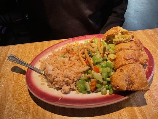 Pork fried rice, Sub gum chow mein and egg roll