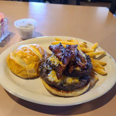 Outback Burger with two patties, bacon and cheddar-jack cheese.