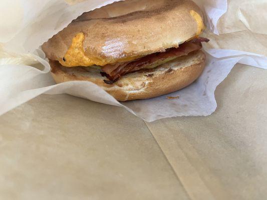 Bacon egg and cheese bagel breakfast sandwich