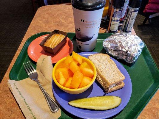 Michigan cherry chicken salad sandwich ( half wrapped up for Monday's lunch), fruit and Vernor cake. Only problem is the Diet Pepsi .