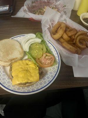 Cheese burger and onion rings