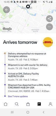 Lies and more lies dhl closes at 9pm yet they claim I didnt asker the door at 11:39 PM that's midnight and on my ring camera they never even