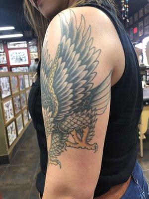 Backside of Eagle done at Black Rat Tattoo!