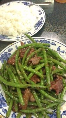 Green beans stir-fried with beef and side of rice