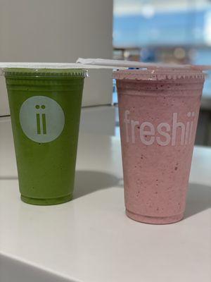 Green smoothie and strawberry banana smoothie both with protein