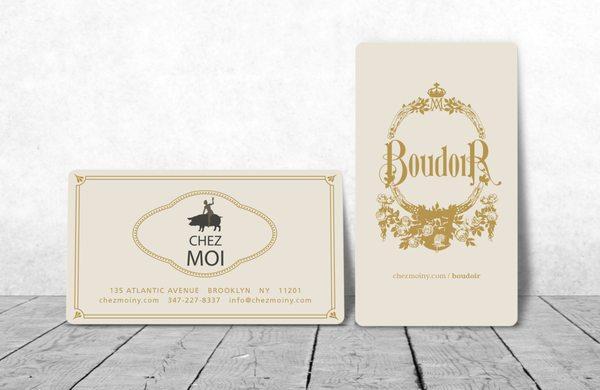 Business cards for Le Boudoir and Chez Moi in Brooklyn.