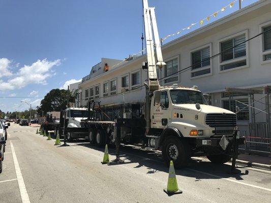 Crane and material truck set up