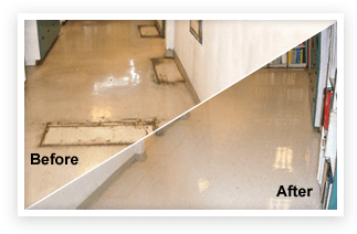 Before and After photo of our hard floor refinishing!