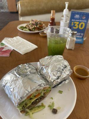 Torta de asada and 3 ceviche tostadas