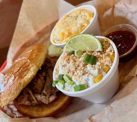 Pulled Pork Sandwich, Chile Relleno Rice, and Esquites Street Corn