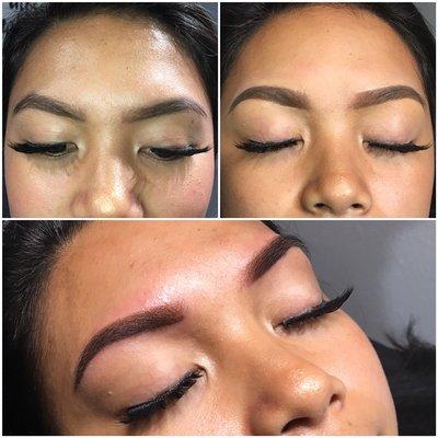 The process:  1) Clients drawing in brow 2) Pre-draw with makeup 3) Immediately after procedure