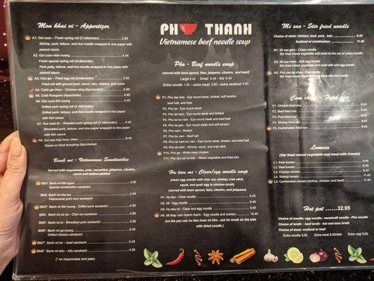 Menu on the front side.