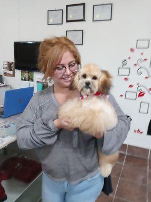 Chewbie, with her mom after being groomed by master groomer Tony Guzman