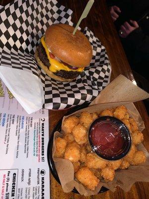 Classic burger and side of tots