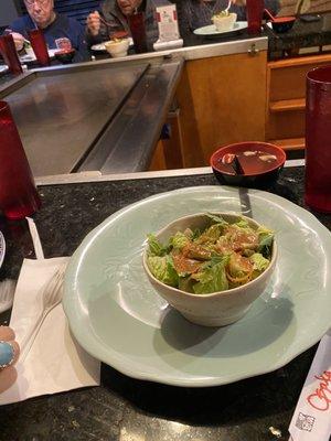 Salad and clear soup comes with hibachi.