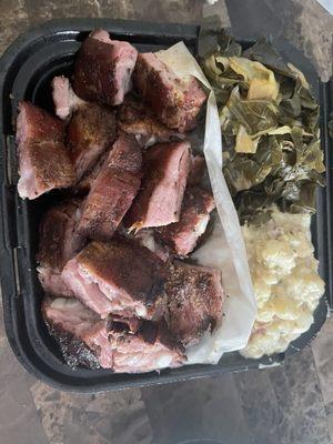 Rib Tip Dinner with potato salad and collards.