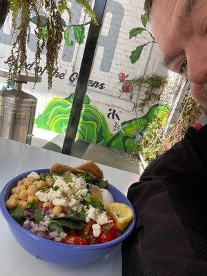 Carolina Chickpea bowl with extra had boiled egg and a twist of lemon