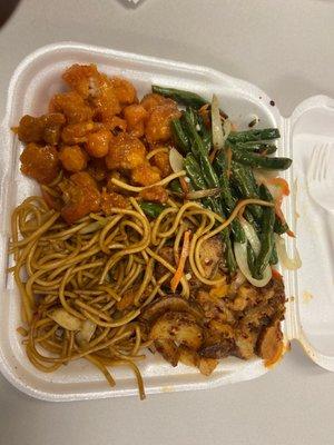 Lo mien, orange chicken, spicy potatoes and string beans