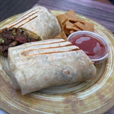 Chicken and steak burrito