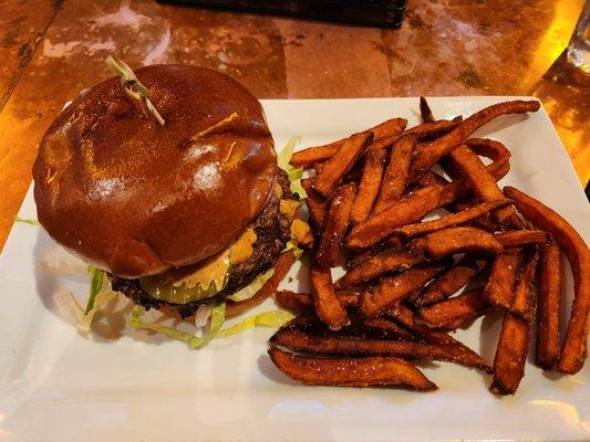 Burger and burnt sweet potato fries