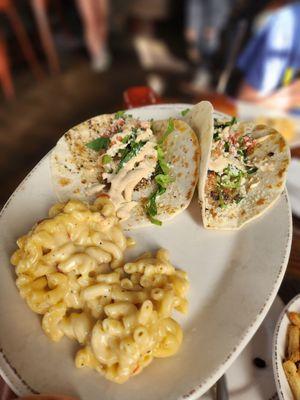 Shrimp tacos and Mac and cheese