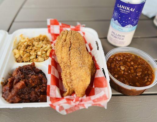 Catfish Plate $26 - DELICIOUS! Sides: baked beans, candied yams, mac n cheese