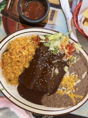 Chicken Mole Enchiladas with beans and rice