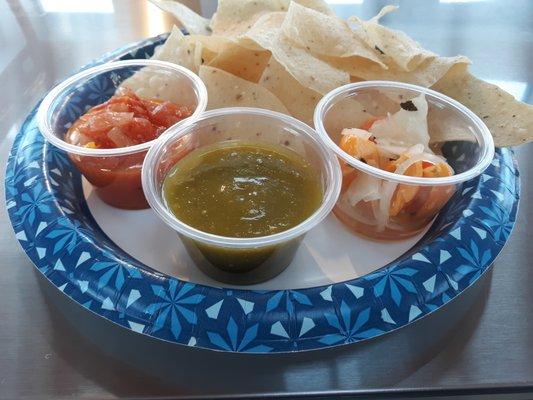 Chips  gren salsa, red salsa and habanero salsa