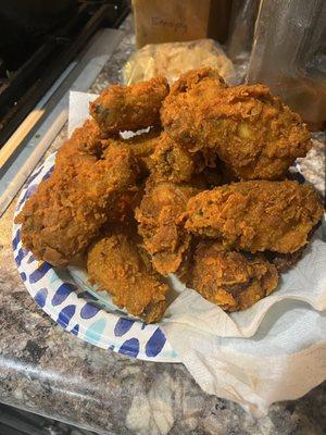 Fried jerk chicken wings with 28 Seasons spicy seasoning.