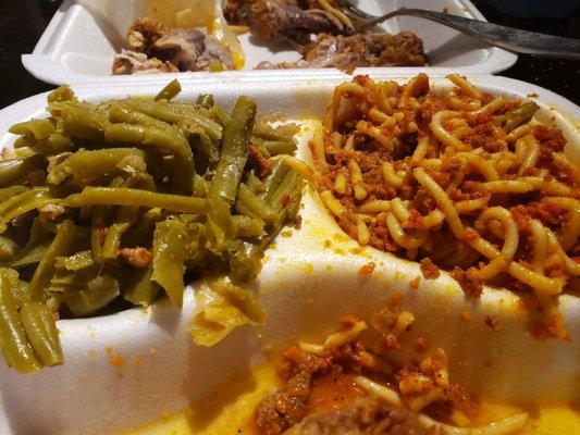 Overcooked string beans, spaghetti franco America with ground beef or turkey, refriechicken greasy.